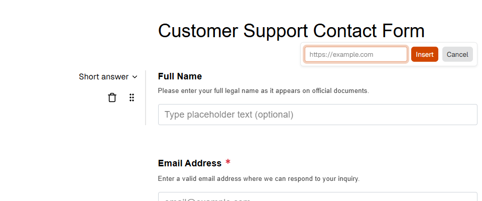 Link insertion interface with URL input field and Insert/Cancel buttons