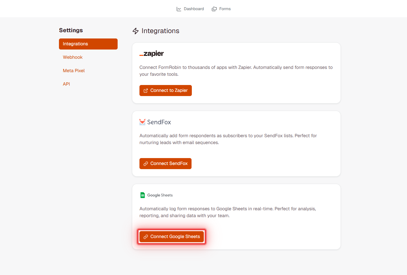 FormRobin Settings - Integrations page showing Google Sheets section with Connect Google Sheets button highlighted