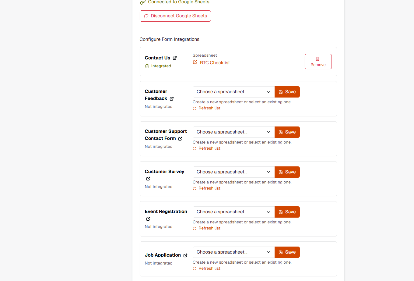 FormRobin Google Sheets integration showing Configure Form Integrations section with linked forms and spreadsheet dropdowns