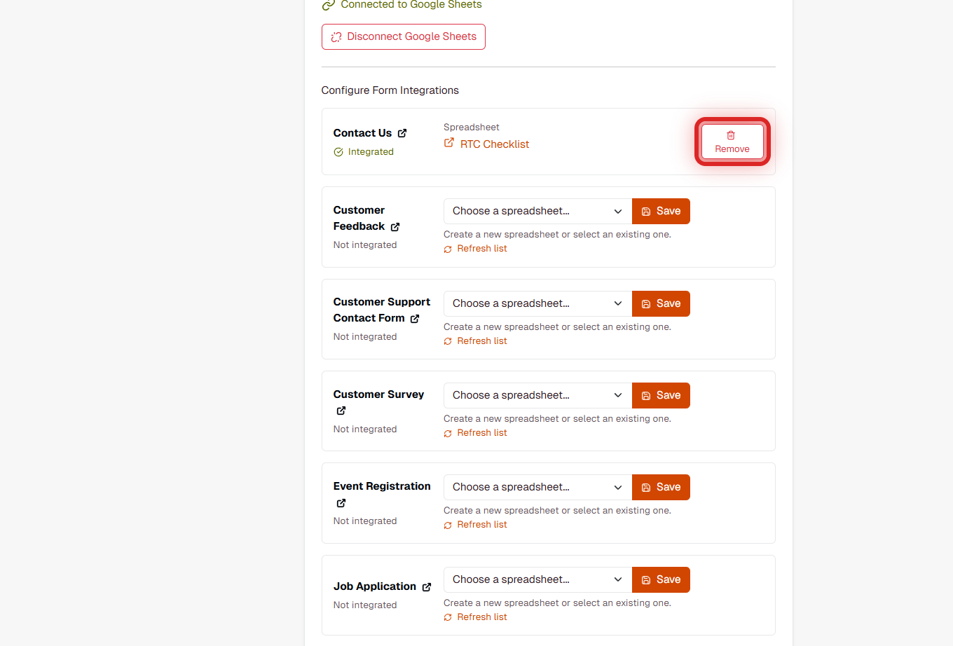 FormRobin Google Sheets integration showing Remove button highlighted to disconnect a form from spreadsheet