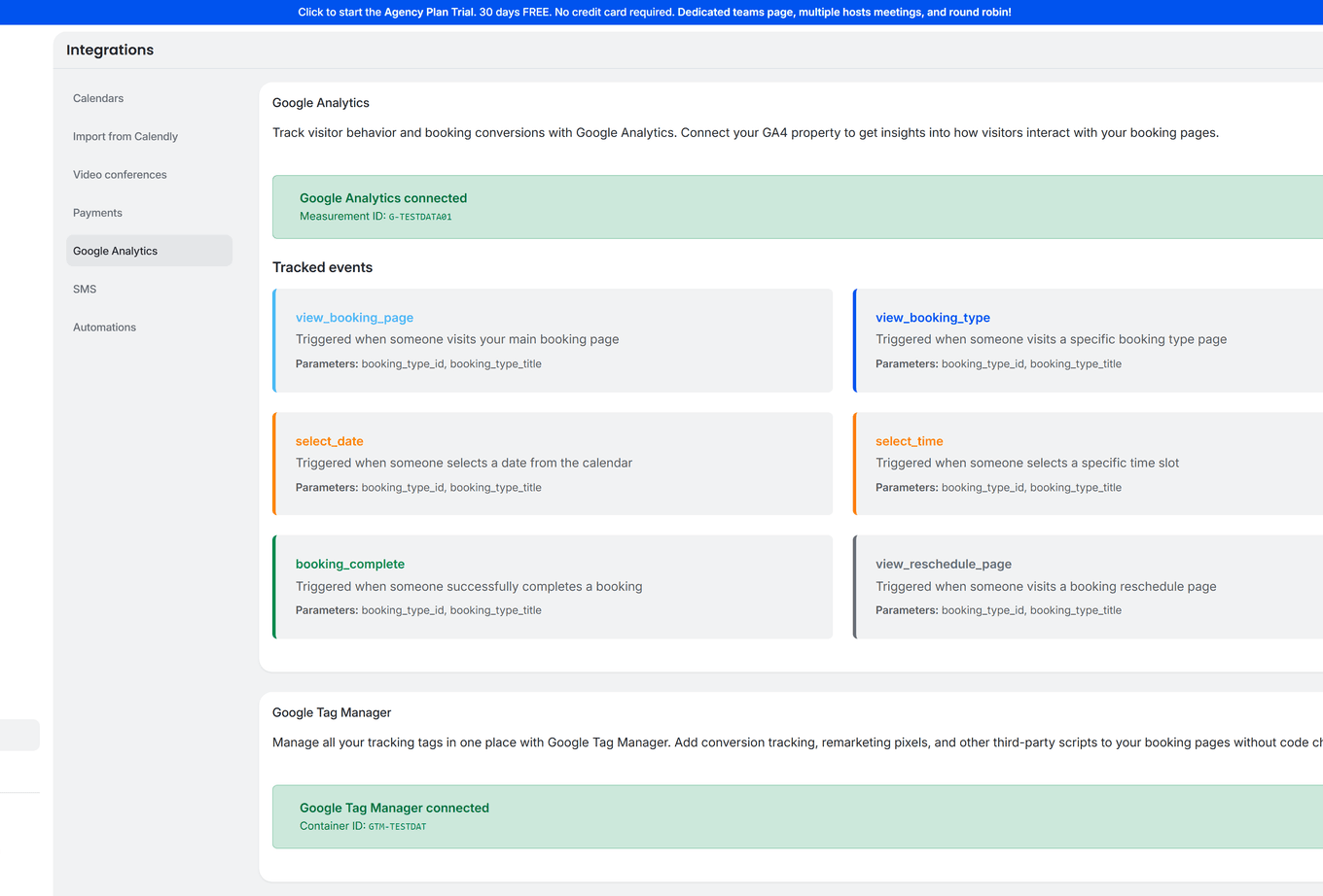 TidyCal analytics page showing Google Analytics connected with tracked events and Google Tag Manager