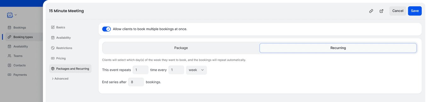 TidyCal booking type editor Packages & Recurring tab with recurring settings configured