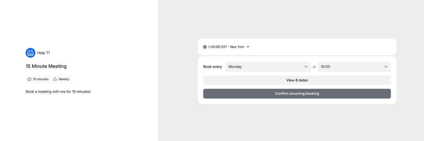 TidyCal recurring booking page showing Book every Monday at 10:00 with View 8 dates and Confirm buttons