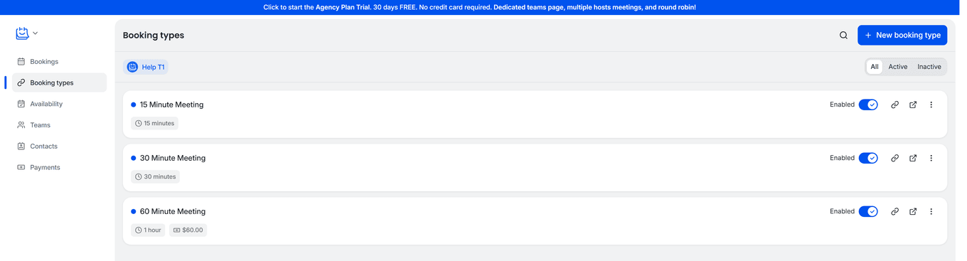 TidyCal Booking Types page showing three booking types with durations and enabled toggles