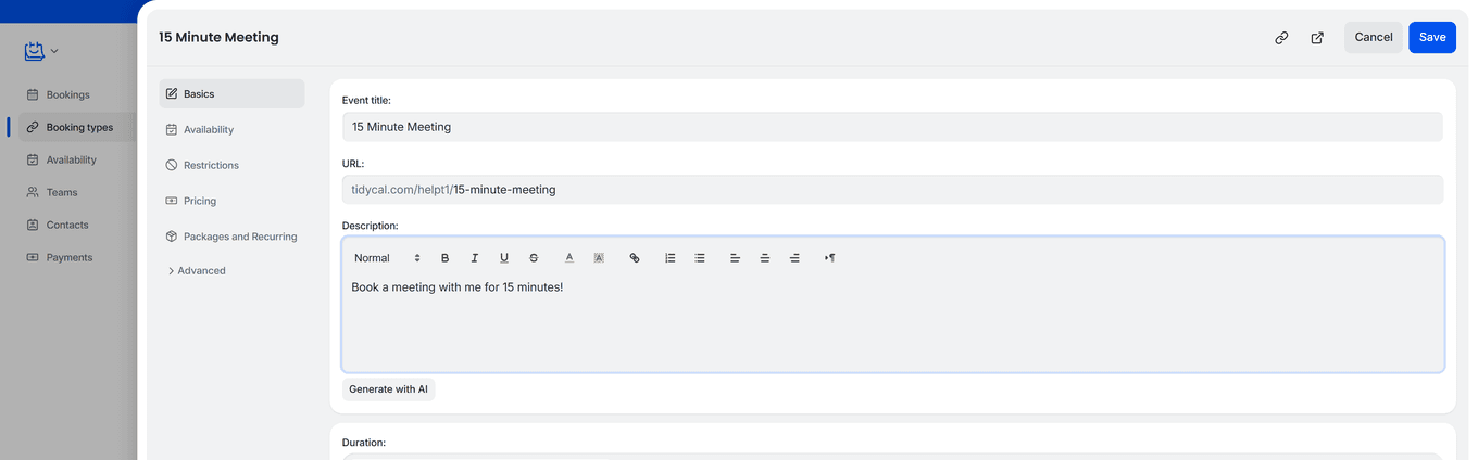 TidyCal booking type editor showing Basics tab with title URL description and duration fields