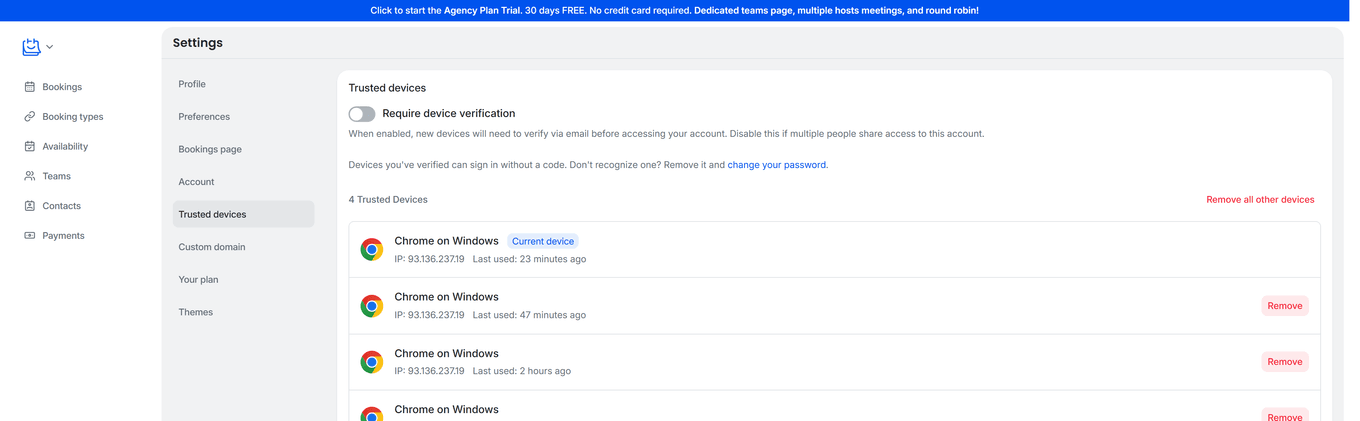 TidyCal Settings Trusted Devices page showing device verification toggle and device list