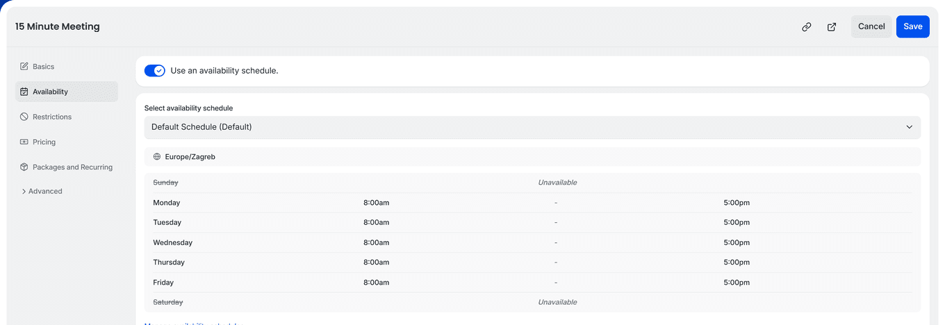TidyCal booking type editor Availability tab showing weekly schedule with Mon-Fri 8am to 5pm