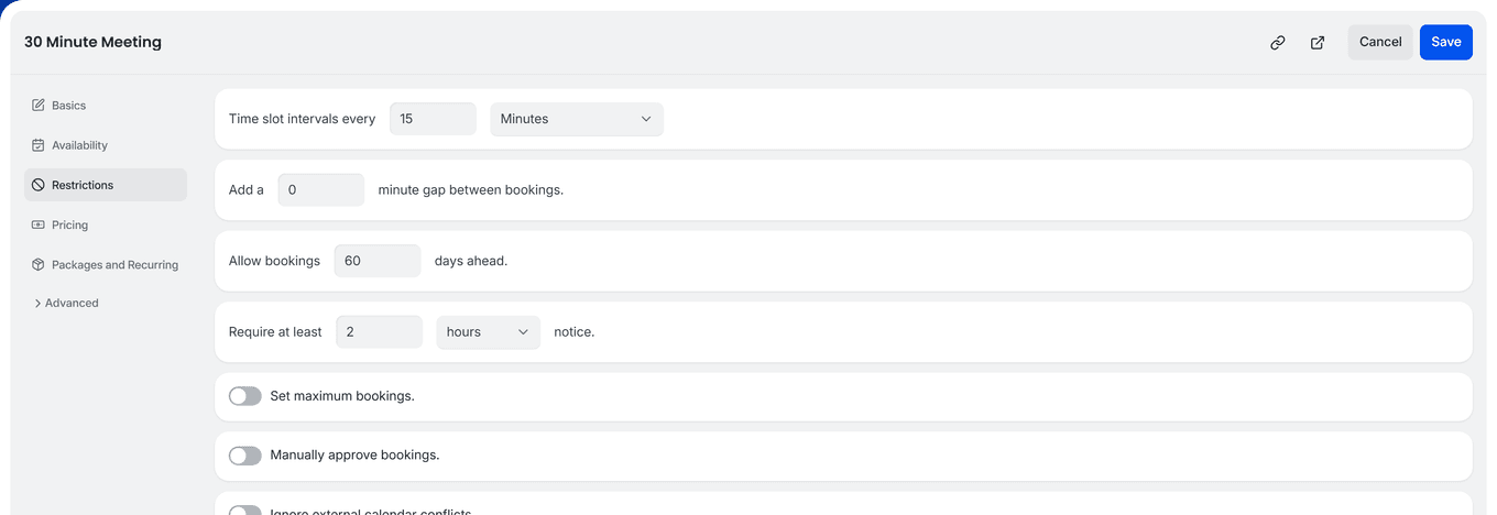 TidyCal booking type editor Restrictions tab showing time intervals padding advance booking and approval toggles
