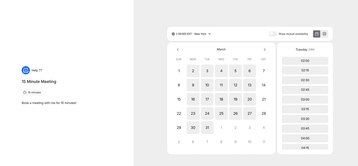 TidyCal public booking page showing calendar with date selected and available time slots