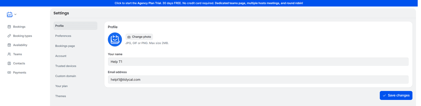 TidyCal Settings Profile page showing profile picture upload name and email fields
