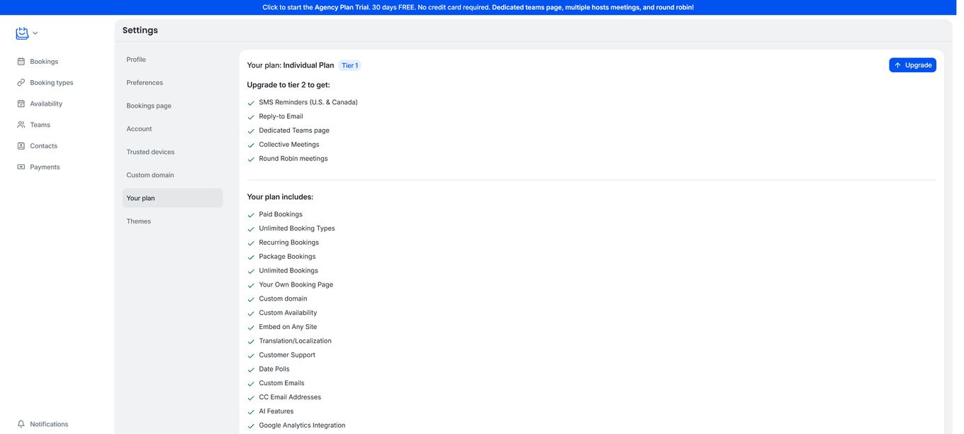 TidyCal Settings Your Plan page showing Individual Plan features and upgrade option