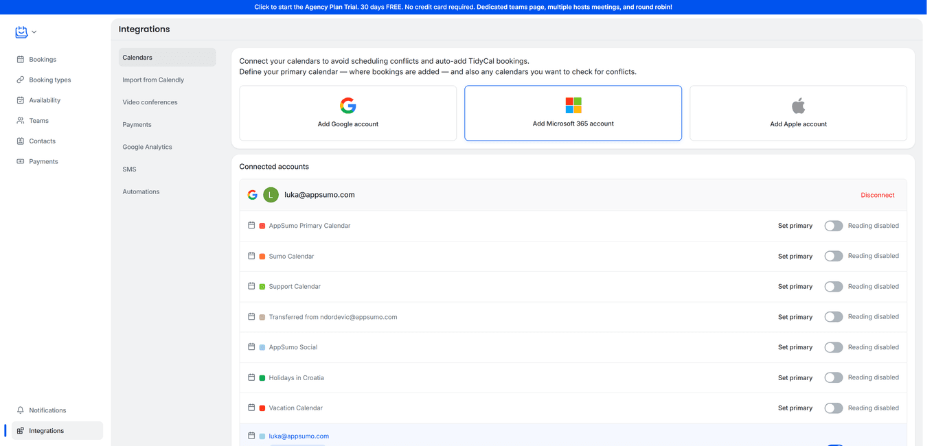 TidyCal calendar integration page showing connected Google account with Reading enabled toggles for conflict detection