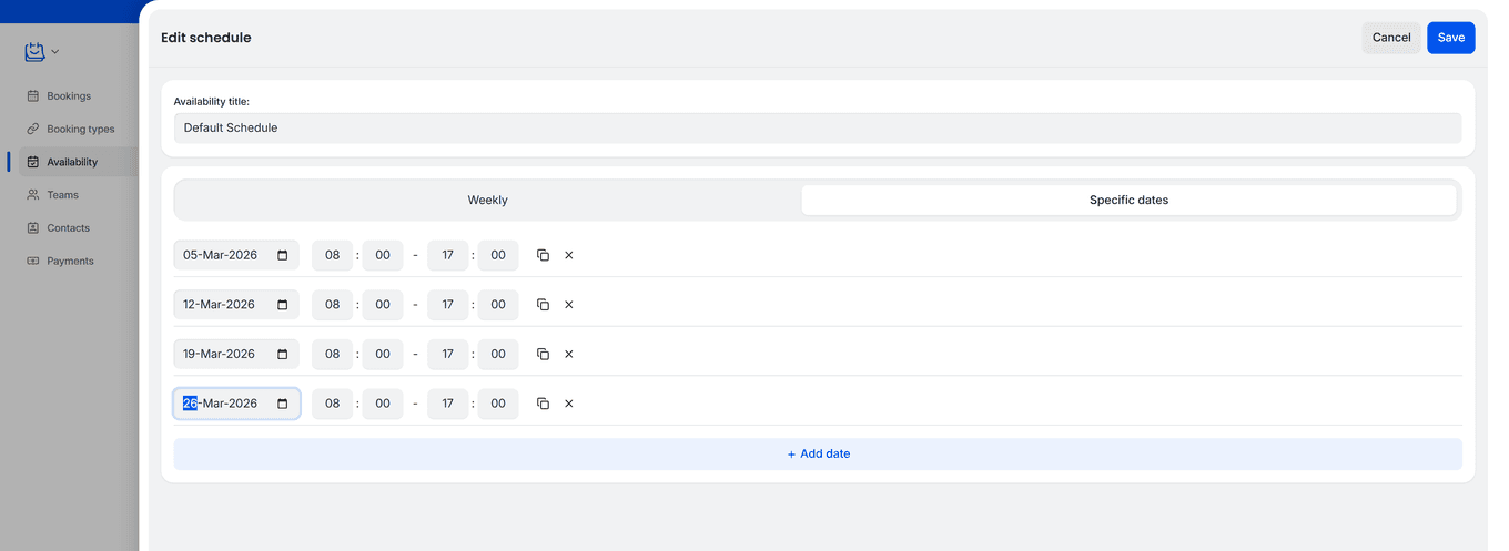 TidyCal schedule editor Specific dates tab showing four date overrides with time ranges and Add date button