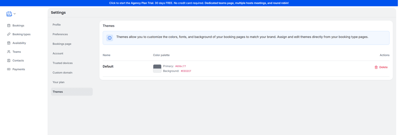 TidyCal Settings Themes page showing theme list with name color palette and delete action