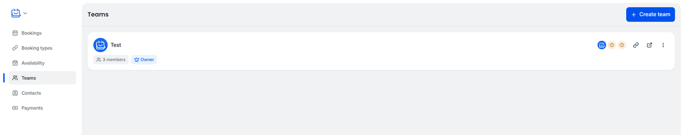 TidyCal Teams page showing team card with 3 members and Create team button