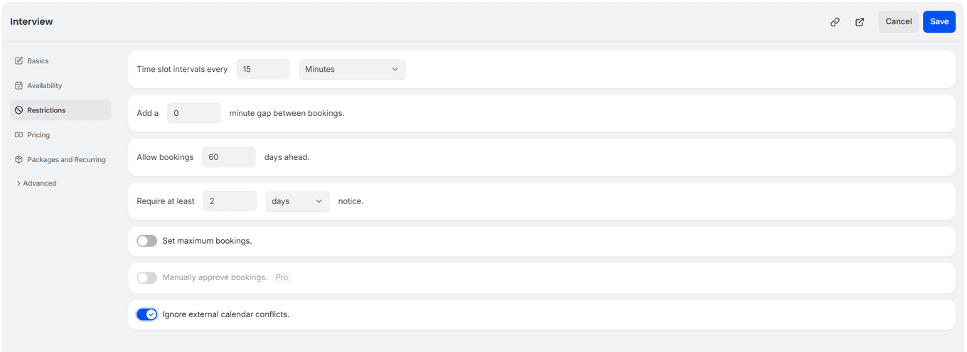 TidyCal booking type editor Restrictions tab showing Ignore external calendar conflicts toggle enabled