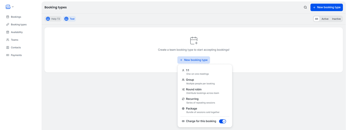 TidyCal team Booking Types page showing creation dropdown with 1:1 Group Round Robin Recurring and Package options