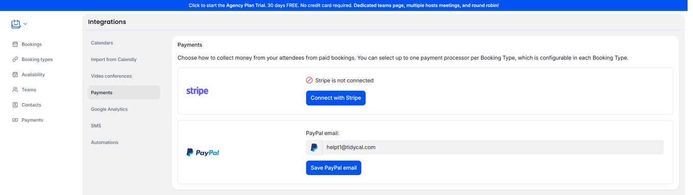 TidyCal Payments page showing Stripe connection and PayPal email configuration