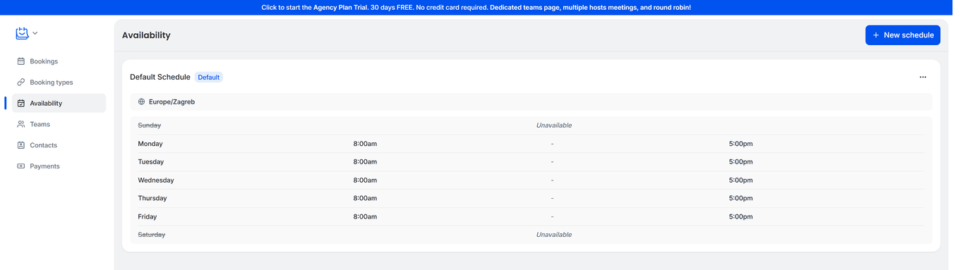 TidyCal Availability page showing Default Schedule with Monday to Friday 8am to 5pm hours