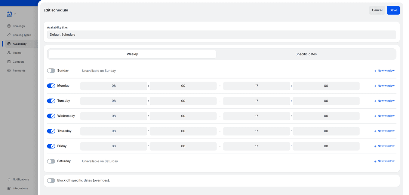 TidyCal schedule editor showing Weekly tab with day toggles time inputs and Block off specific dates option