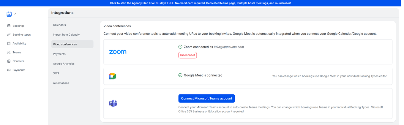 TidyCal Video Conferences integration page showing Zoom connected Google Meet connected and Microsoft Teams connection button