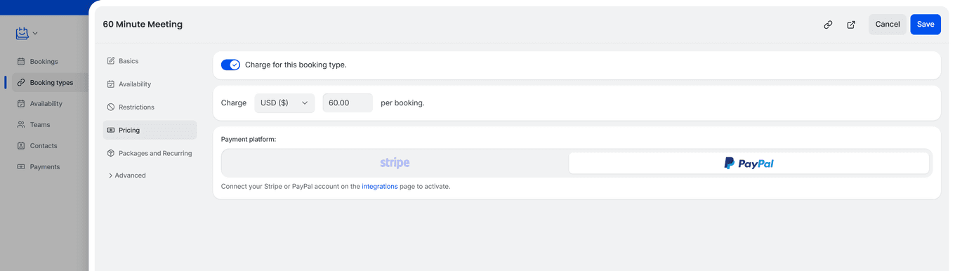 TidyCal booking type editor Pricing tab showing charge toggle currency amount and Stripe PayPal payment platform selection