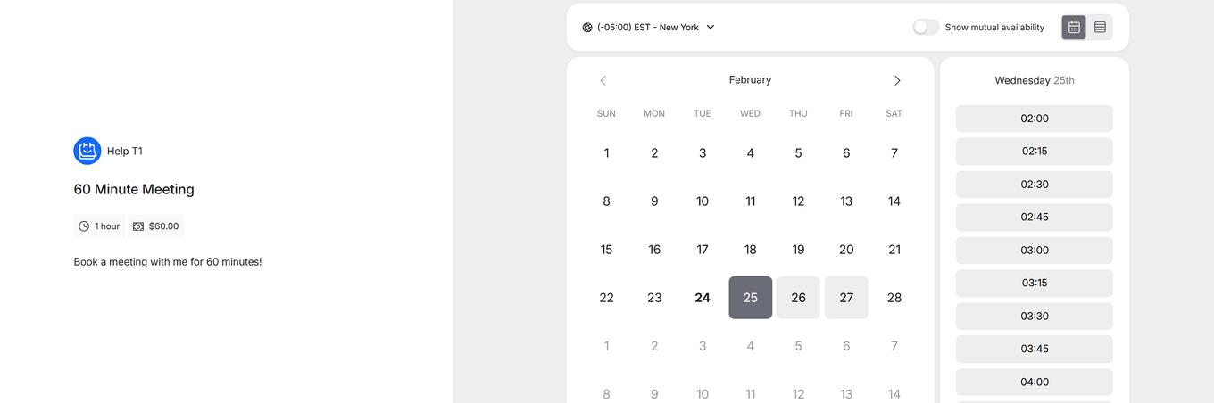 TidyCal public booking page showing 60 Minute Meeting with price and calendar date picker
