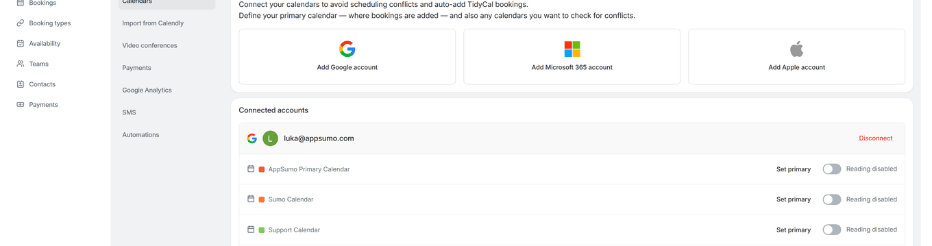 TidyCal calendar integration page showing Add Google, Microsoft 365, and Apple account buttons with connected calendars below