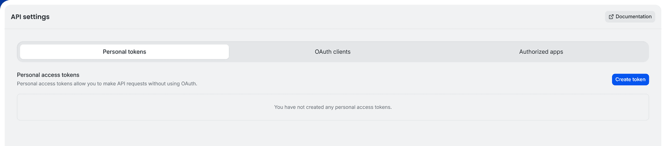 TidyCal API settings drawer showing Personal tokens tab with Create token button