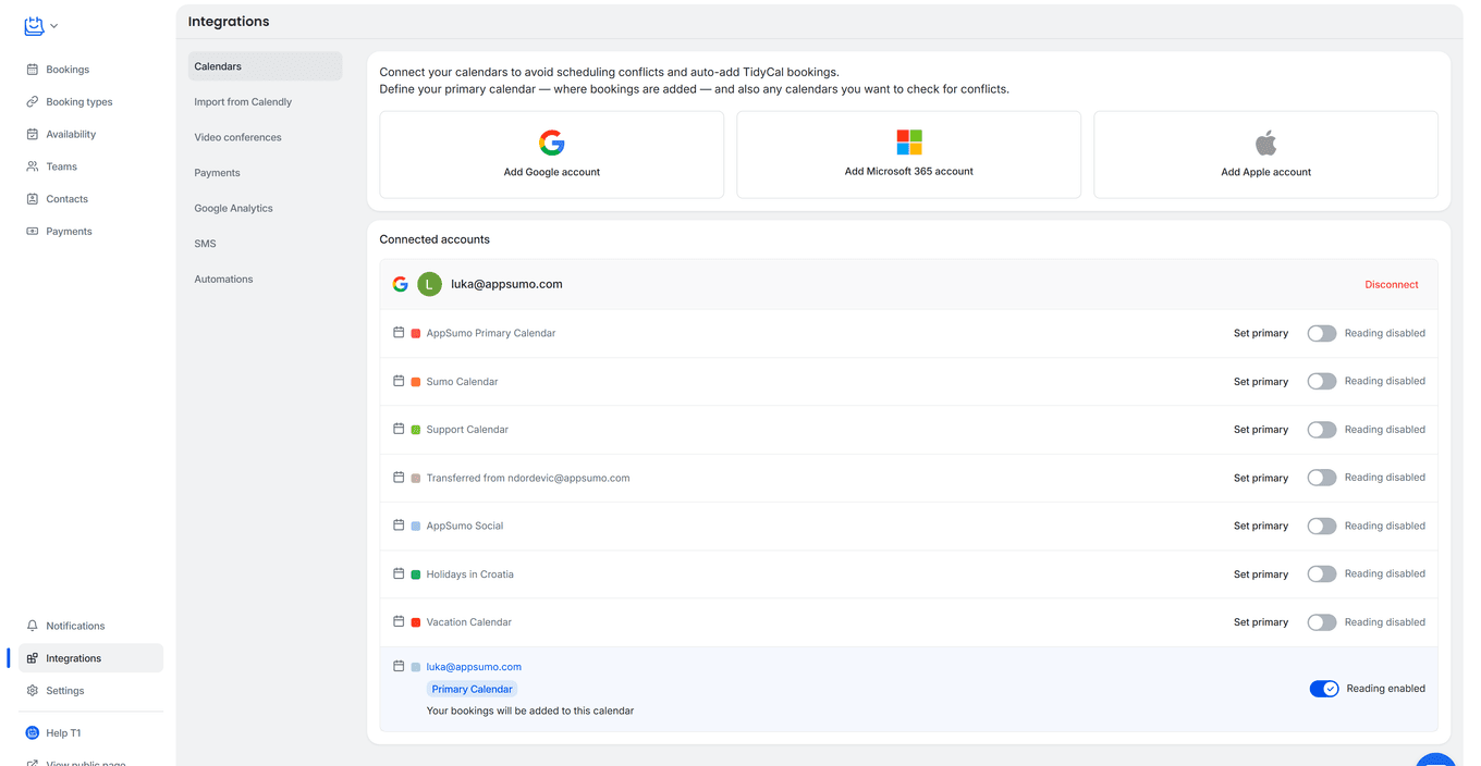 TidyCal Calendars integration page showing Google Calendar connected with Set primary buttons and Primary Calendar badge