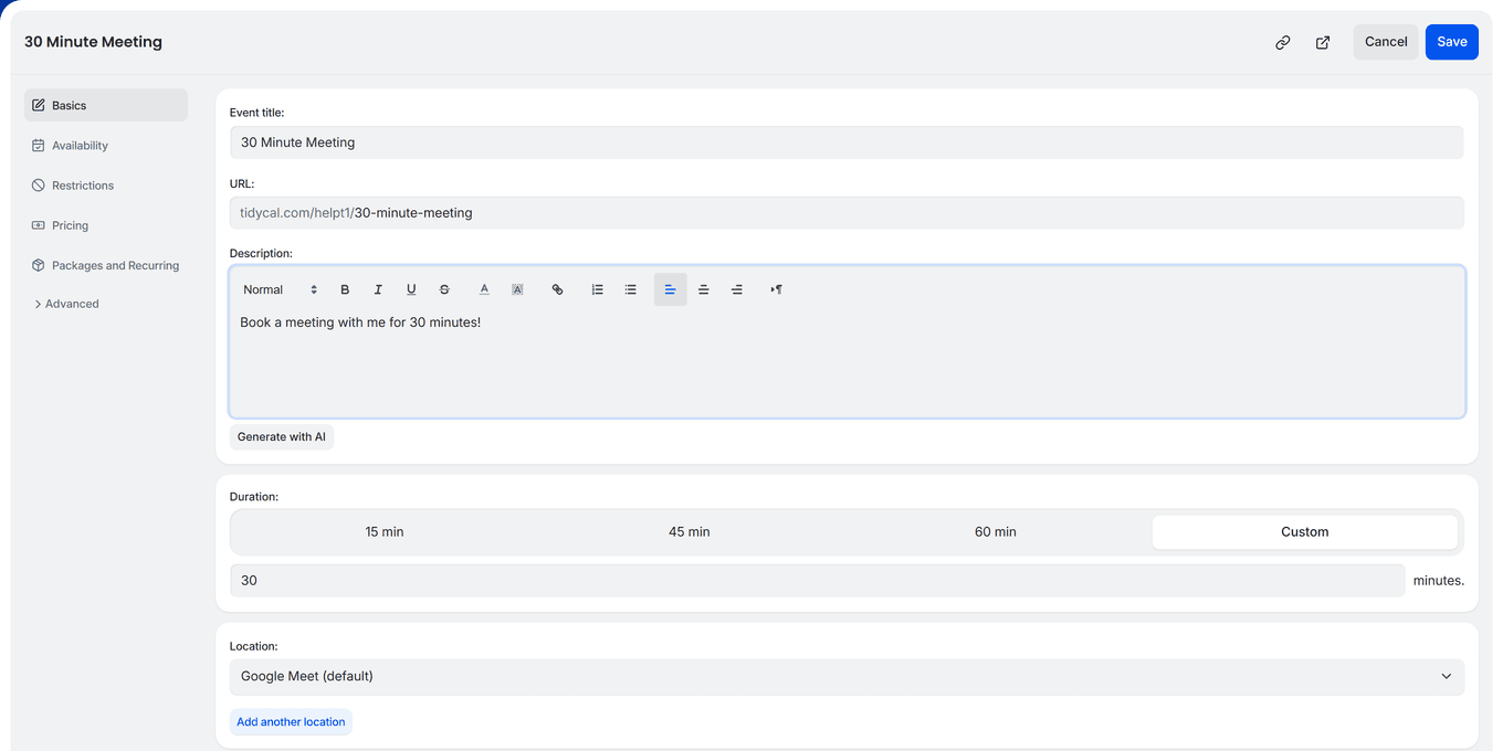 TidyCal booking type editor showing Location dropdown with Google Meet selected and Add another location button