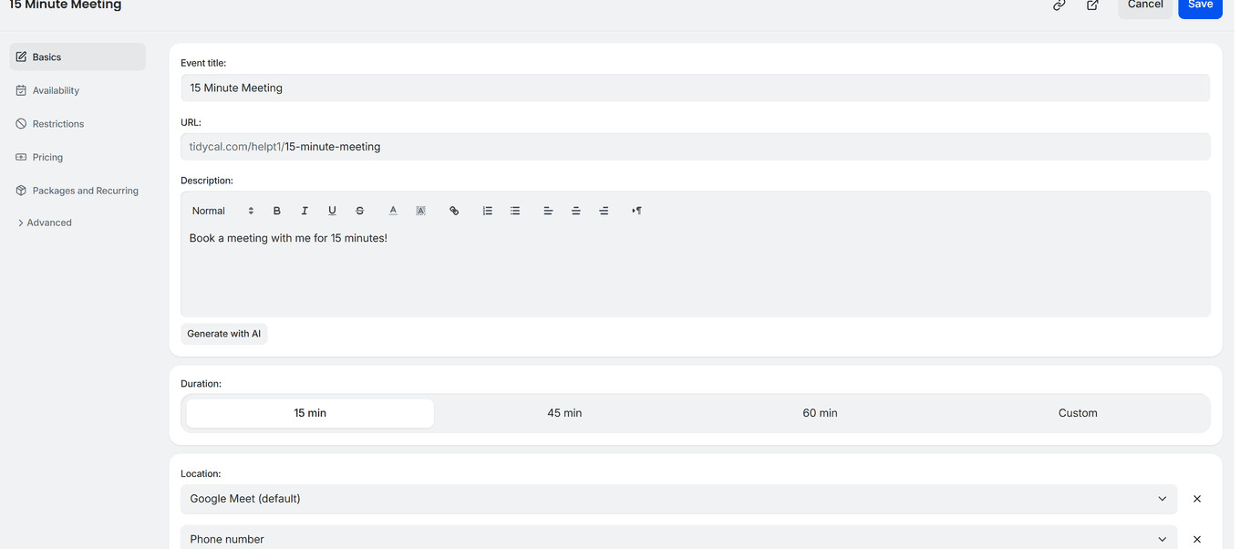 TidyCal booking type editor showing Location section with Google Meet as default and Phone number as second location