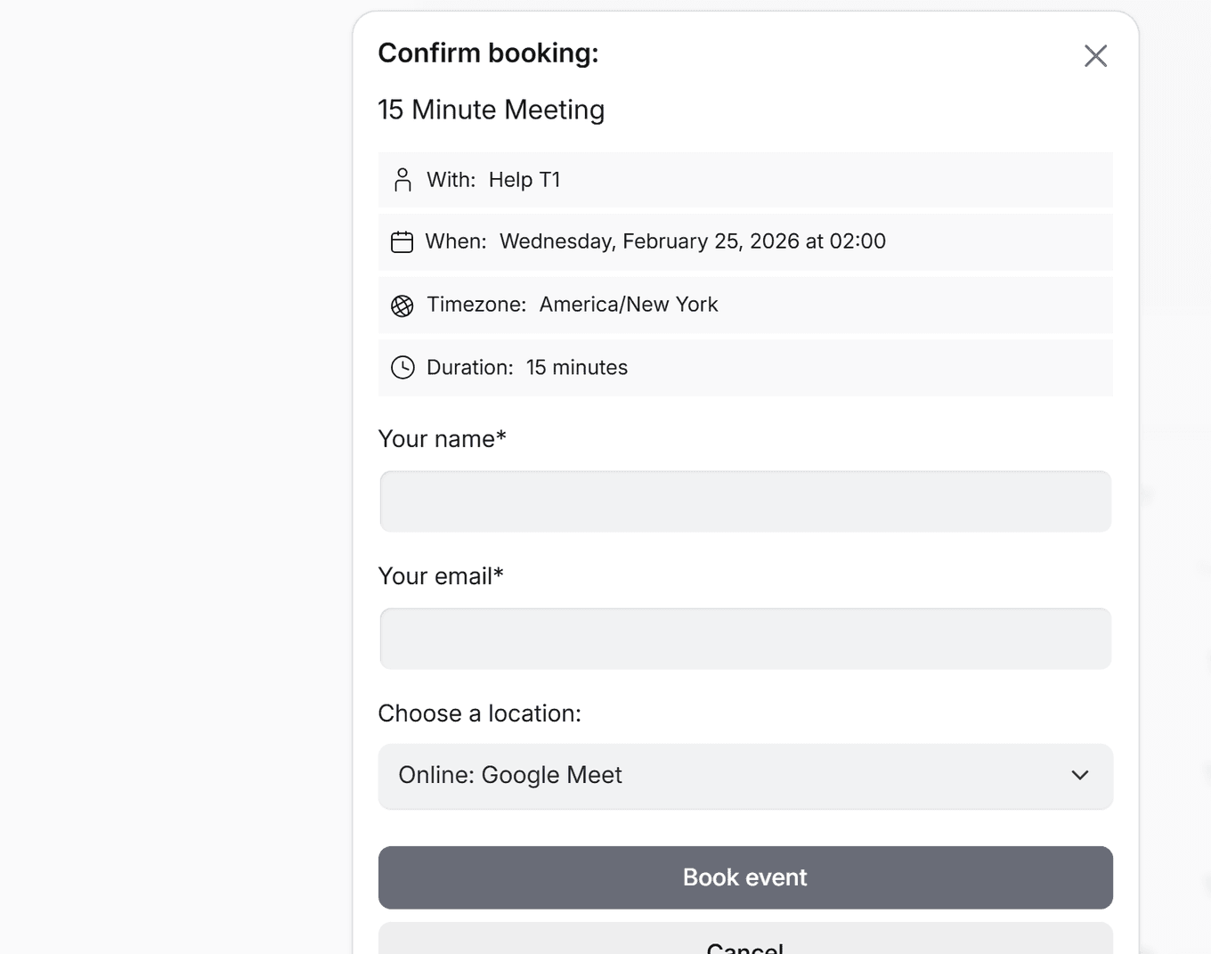 TidyCal public booking page confirmation showing Choose a location dropdown with Online Google Meet selected