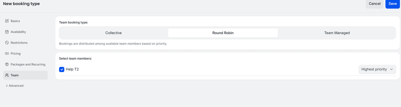 TidyCal round-robin booking type editor Team tab showing Collective Round Robin and Team Managed options with team member priority
