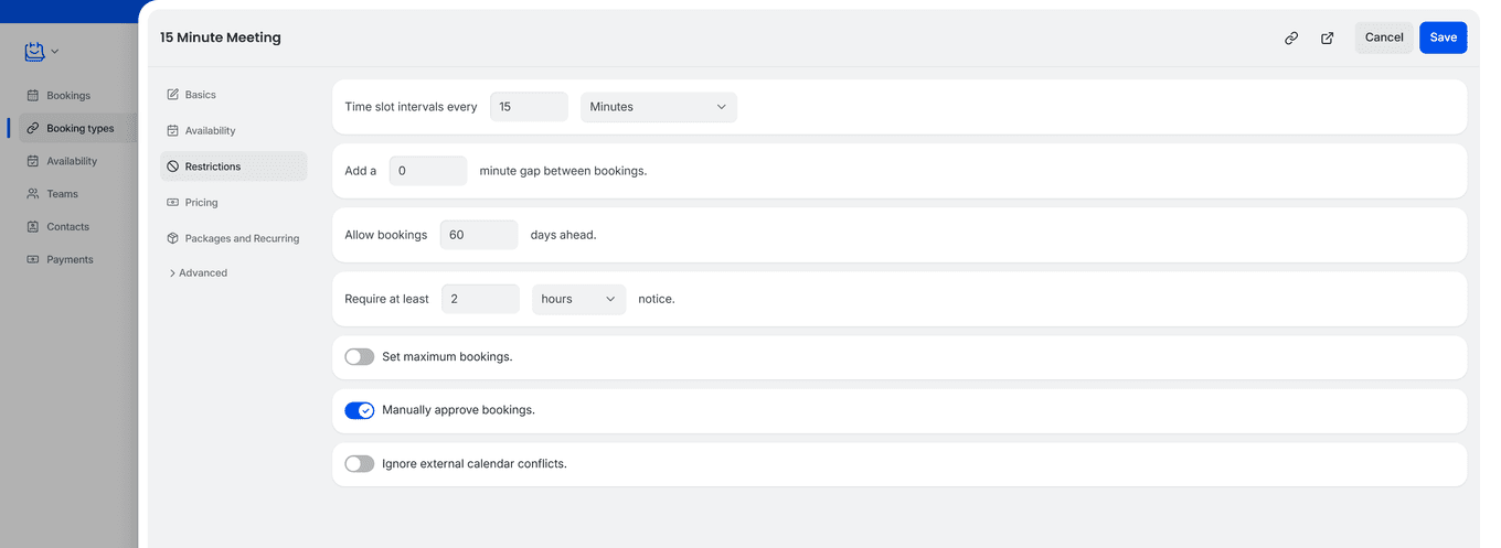 TidyCal booking type editor Restrictions tab showing Manually approve bookings toggle enabled