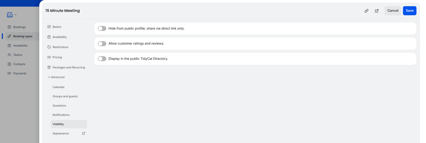 TidyCal booking type editor Visibility section showing Show reviews on booking page toggle