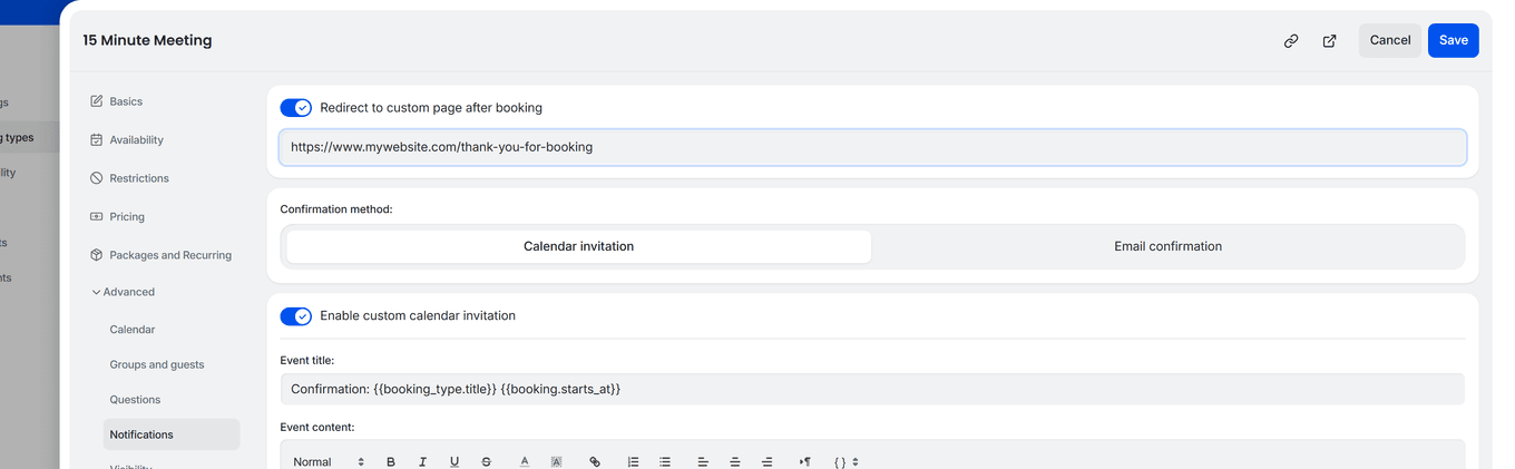 TidyCal booking type editor Notifications tab showing Redirect to custom page after booking toggle enabled with example URL