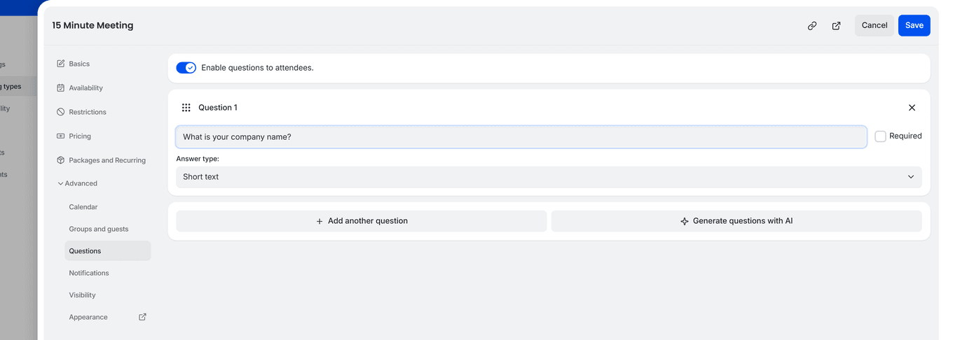 TidyCal booking type editor Questions tab showing toggle enabled, sample question, answer type dropdown, and Generate with AI button