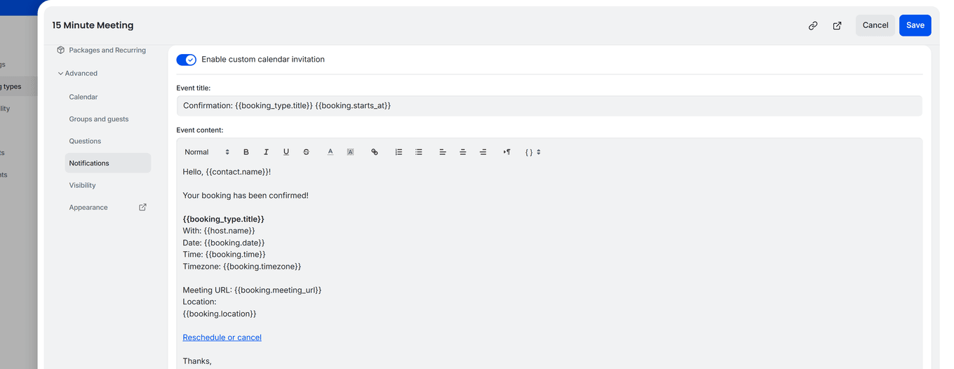 TidyCal Notifications tab showing email template editor with template variables like contact name, booking date, and meeting URL