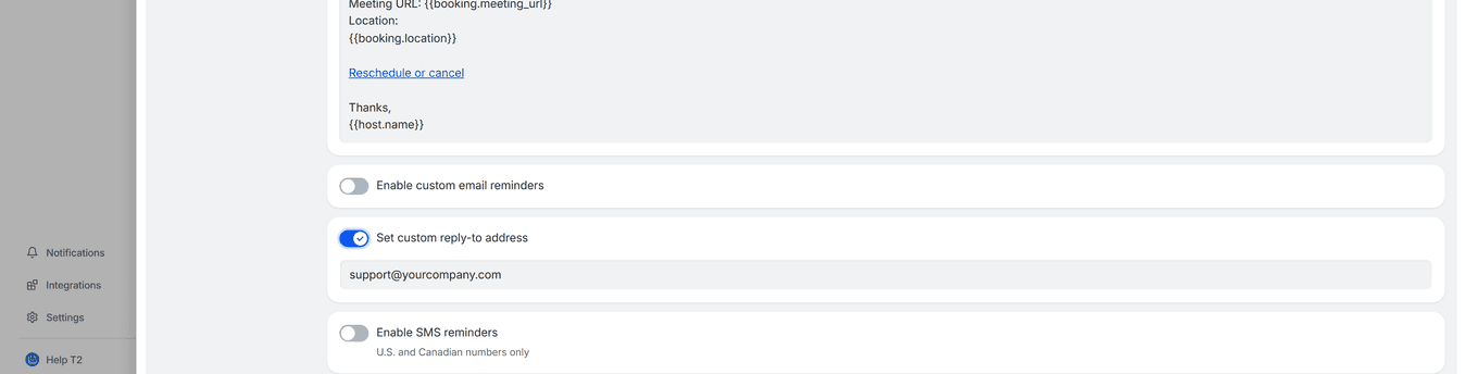 TidyCal Notifications tab showing Set custom reply-to address toggle enabled with email field