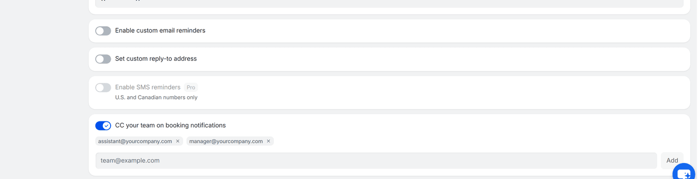 TidyCal Notifications tab showing CC your team on booking notifications toggle enabled with two CC email addresses added