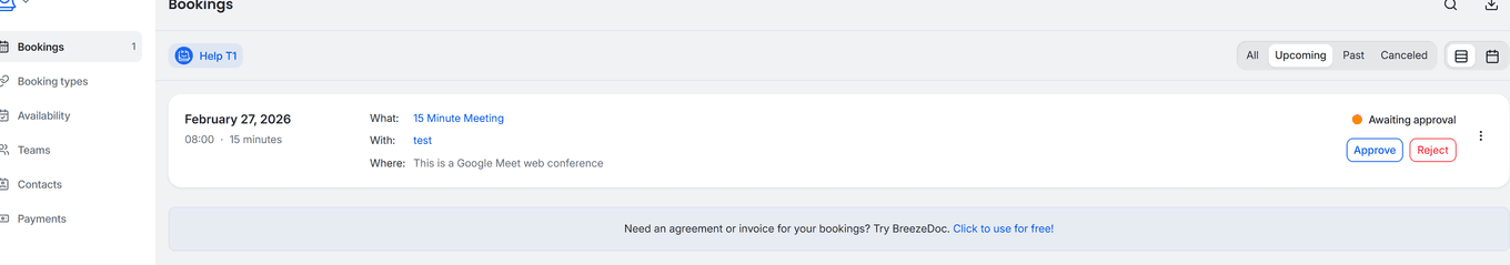 TidyCal Bookings page showing a pending booking with Awaiting approval status and Approve Reject buttons