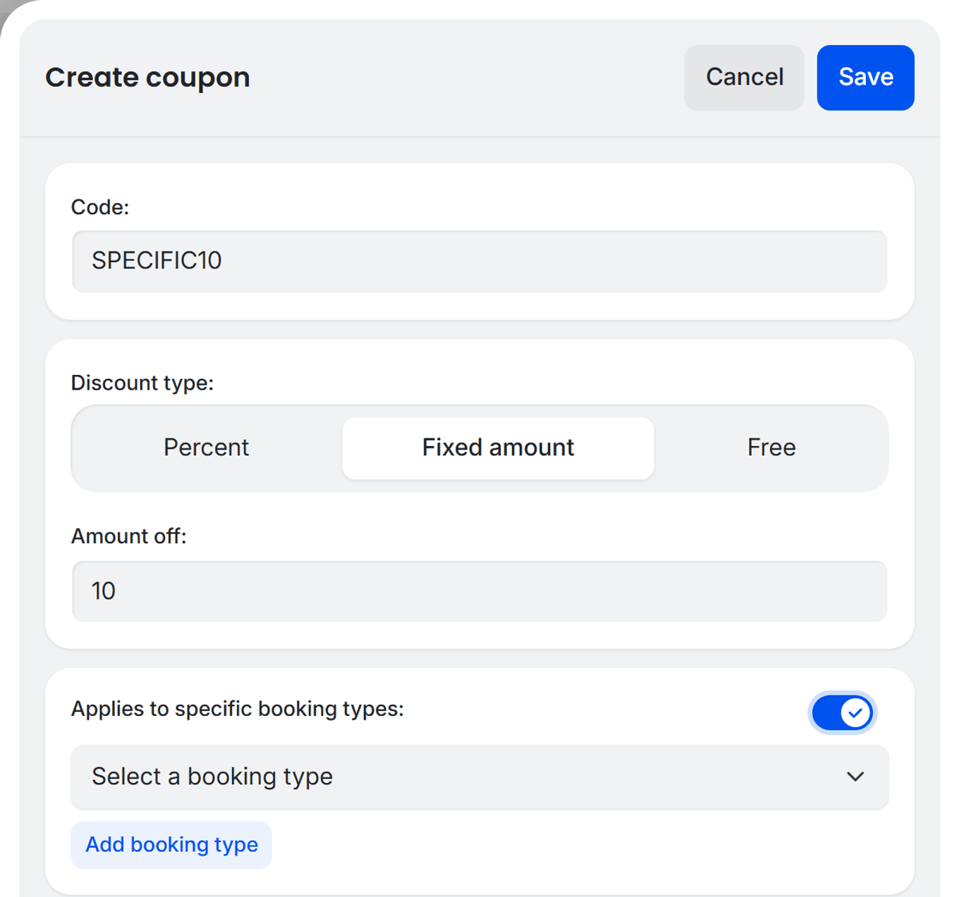 Coupon drawer showing Fixed amount 10 dollar discount scoped to specific booking types