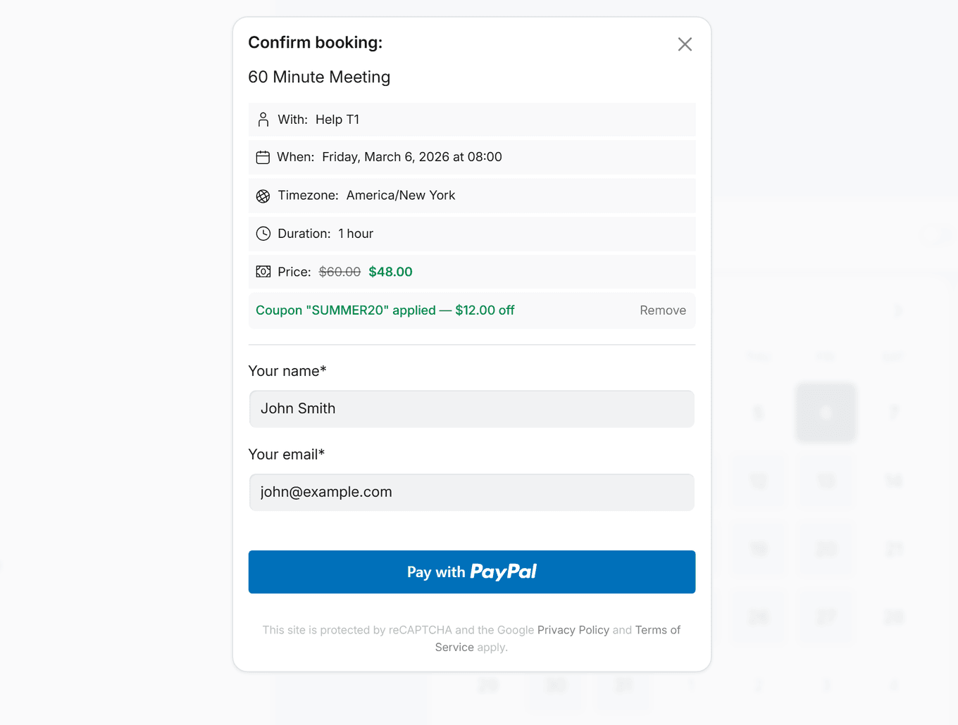 Booking confirmation showing SUMMER20 applied with strikethrough 60 dollars and green 48 dollar price
