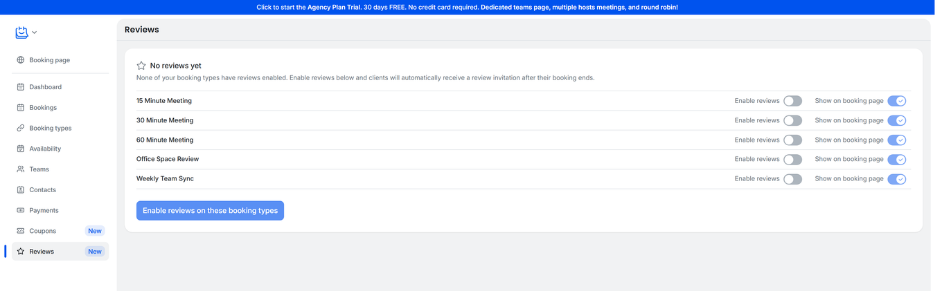 TidyCal Reviews page showing bulk enable setup with Enable reviews and Show on booking page toggles for each booking type