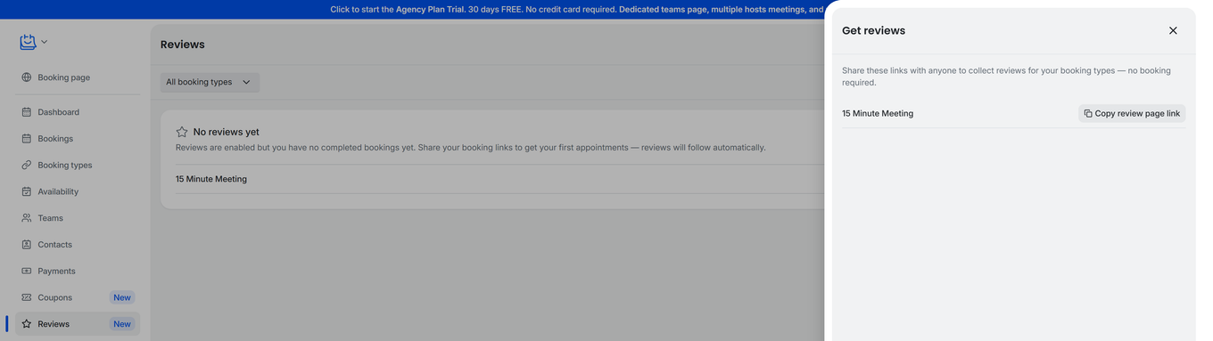 TidyCal Get reviews drawer showing shareable review page links with Copy review page link buttons