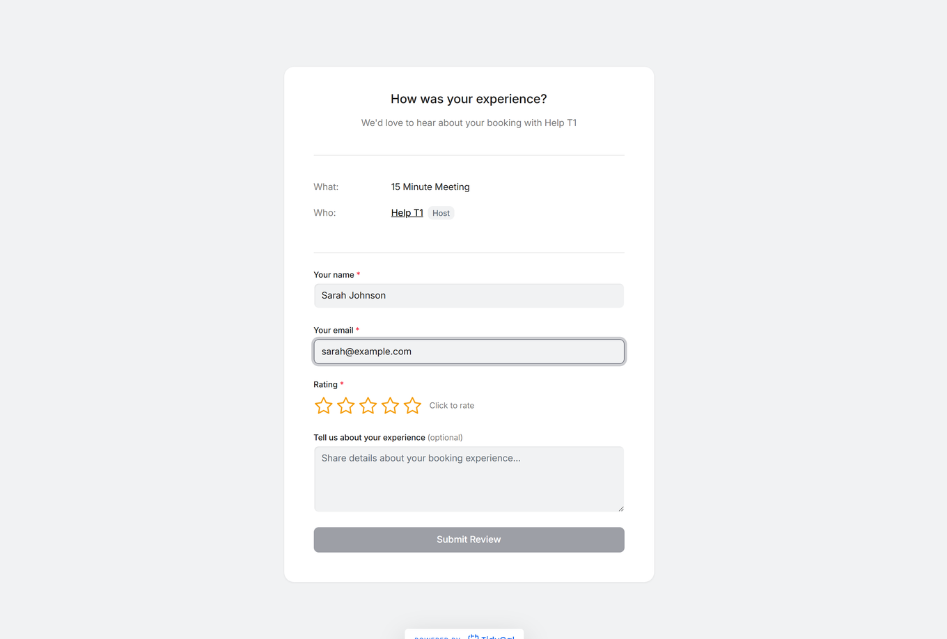 TidyCal ungated review form showing name email star rating and optional text fields with Submit Review button