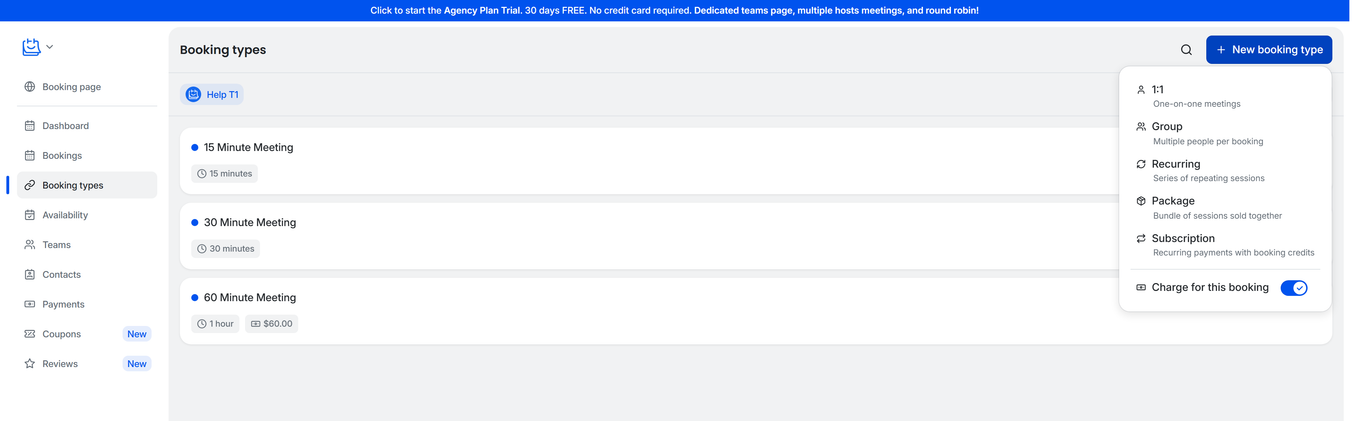 TidyCal New booking type dropdown showing Subscription preset with Recurring payments with booking credits description