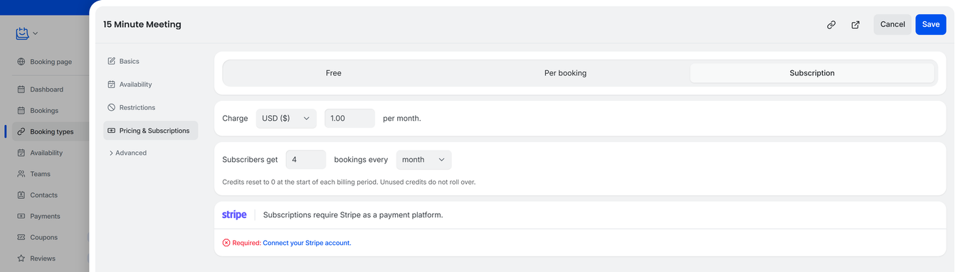 TidyCal Pricing tab with Subscription selected showing charge amount credits per period and Stripe requirement