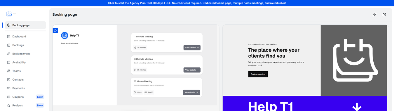 TidyCal Booking page dashboard showing Classic and Website cards with toggle switches